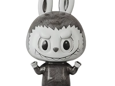 Quirky Black and white rabbit ear doll with grinning expression and raised hands 3d model