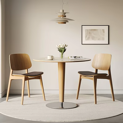 Round Wooden Table and Chairs with Black Seats Vase Flowers Wall Art and Ceiling Lamp 3d model