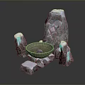 Snow Covered Rocks With Blue Luminous Glow And Fire Bowl Natural Landscape