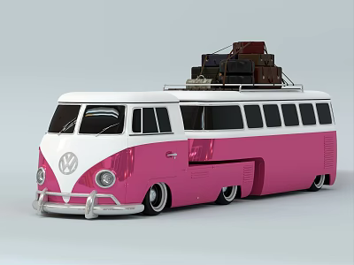 Pink and White Vintage Volkswagen Bus With Luggage Stacked On The Roof 3d model