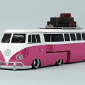 Pink and White Vintage Volkswagen Bus With Luggage Stacked On The Roof