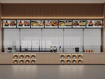 Modern Restaurant Order Counter With Menu Display Screens And Potted Plants 3d model