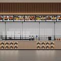 Modern Restaurant Order Counter With Menu Display Screens And Potted Plants
