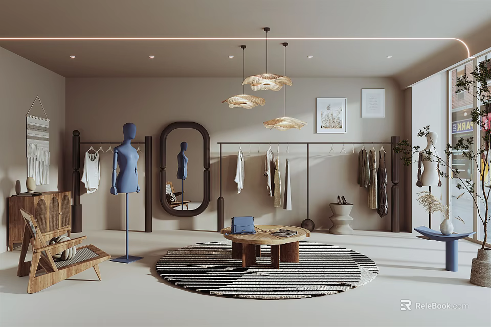 Modern Clothing Store Interior With Mannequin Clothes Racks Mirror Pendant Lights And Striped Rug 3d model 