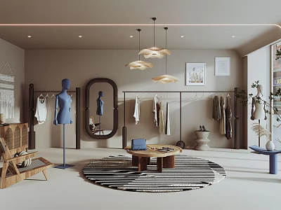 Modern Clothing Store Interior With Mannequin Clothes Racks Mirror Pendant Lights And Striped Rug 3d model