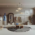 Modern Clothing Store Interior With Mannequin Clothes Racks Mirror Pendant Lights And Striped Rug