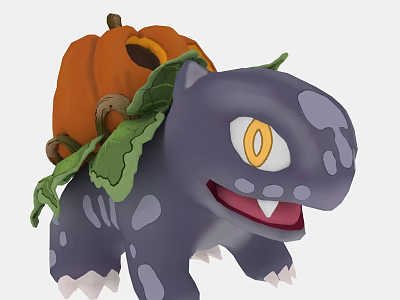 Cute Cartoon Reptile With Pumpkin On Back Yellow Eyes And Green Leaf Decor 3d model