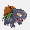 Cute Cartoon Reptile With Pumpkin On Back Yellow Eyes And Green Leaf Decor