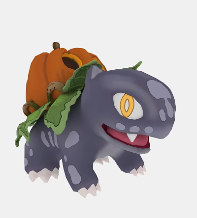 Cute Cartoon Reptile With Pumpkin On Back Yellow Eyes And Green Leaf Decor 3d model