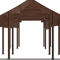 Detailed Traditional Wooden Architectural Components Featuring Carved Roof And Support Columns