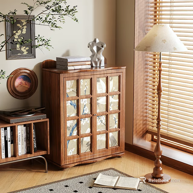 Modern Wooden Shoe Cabinet With Glass Doors And Grid Design In Living Room 3d model 