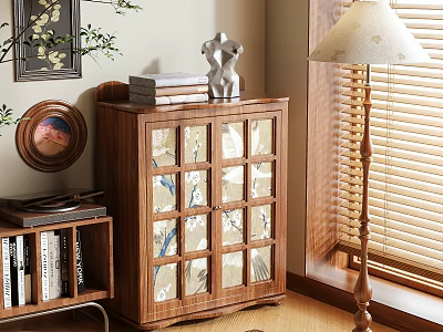 Modern Wooden Shoe Cabinet With Glass Doors And Grid Design In Living Room 3d model