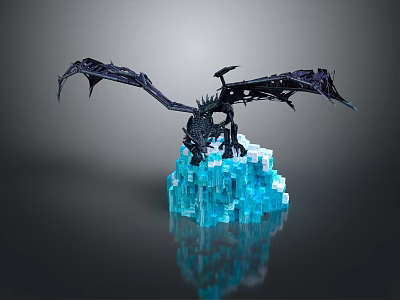 Detailed Black Mythical Dragon Sculpture With Spread Wings On Blue Ice Base 3d model