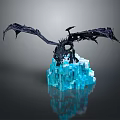 Detailed Black Mythical Dragon Sculpture With Spread Wings On Blue Ice Base