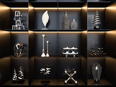 Modern Decorative Ornament Combination Set on Illuminated Display Shelves with Artistic Designs 3d model