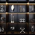 Modern Decorative Ornament Combination Set on Illuminated Display Shelves with Artistic Designs