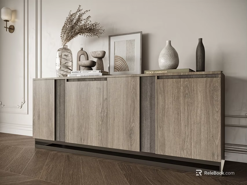Modern Wooden Entryway Side Cabinet With Decorative Vases And Picture Frame On Top 3d model 