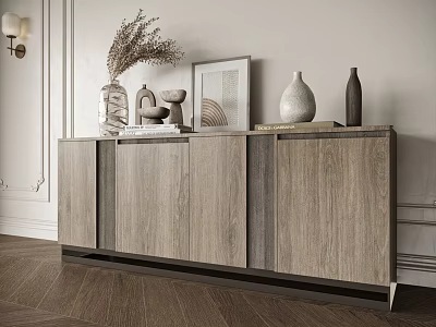 Modern Wooden Entryway Side Cabinet With Decorative Vases And Picture Frame On Top 3d model