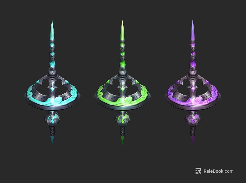 Three Colorful Weapons With Spiral Design Sharp Tops And Decorative Bases 3d model 