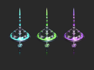 Three Colorful Weapons With Spiral Design Sharp Tops And Decorative Bases 3d model