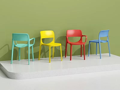 Modern Colorful Single Chairs In Blue Yellow Red Light Blue Against Green Wall 3d model