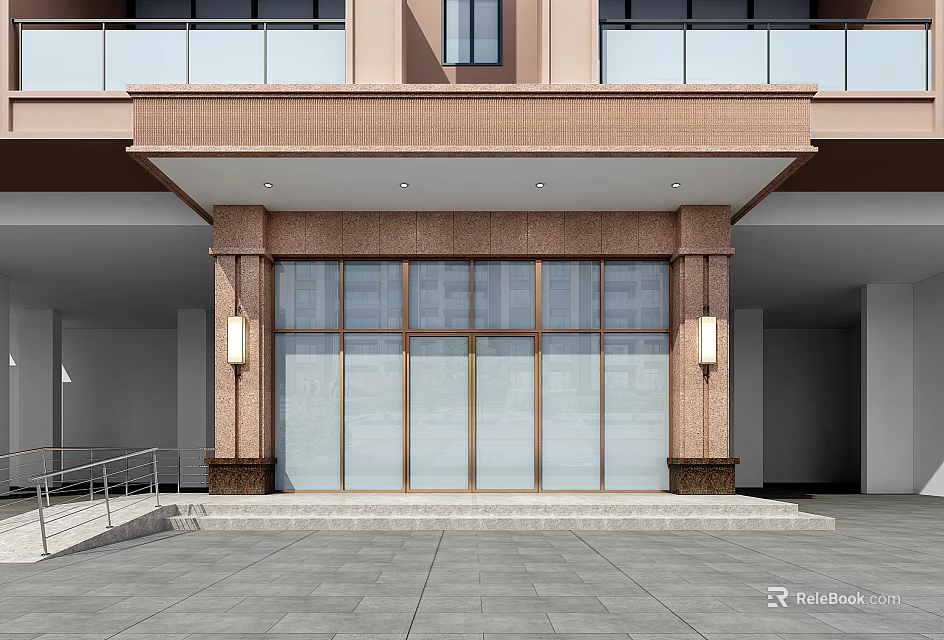Elegant Brown Storefront Design With Glass Doors Columns Wall Lamps And Gray Tiles 3d model 