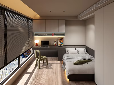 Modern Study Room Interior With Desk Green Chair Window Blinds And Wooden Flooring 3d model