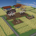 Scenic Open Field With Pink White Cottage Thatched Roof Seating And Blue Sky