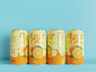 Refreshing Orange Soda Canned Drinks With Orange Fruit Design And Light Blue Background 3d model