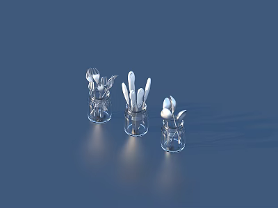Cutlery Set in Transparent Glass Holders with Spoons Forks and Knives 3d model