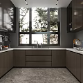 Modern Kitchen Interior With Dark Cabinets Large Windows And Marble Countertops 3d model