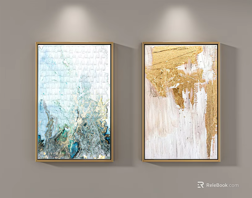 Two Abstract Decorative Paintings With Golden Frames Hanging On Gray Wall 3d model
