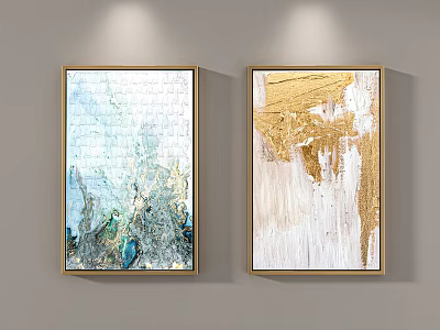 Two Abstract Decorative Paintings With Golden Frames Hanging On Gray Wall 3d model