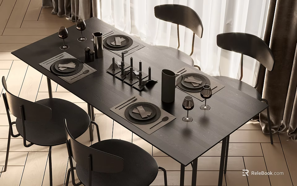 Modern Black Dining Table Set With Chairs Tableware Wine Glasses And Candle Holders 3d model 