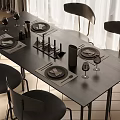 Modern Black Dining Table Set With Chairs Tableware Wine Glasses And Candle Holders 3d model