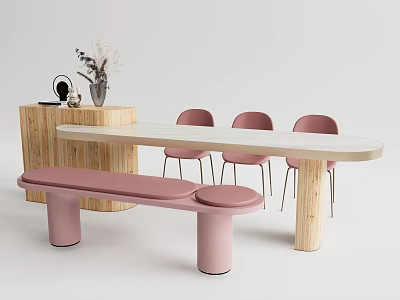 Dining Table Set With Wooden Table Pink Chairs And Pink Bench Decorations 3d model