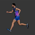 Male Runner in Blue and Pink Sportswear Running on Gray Background