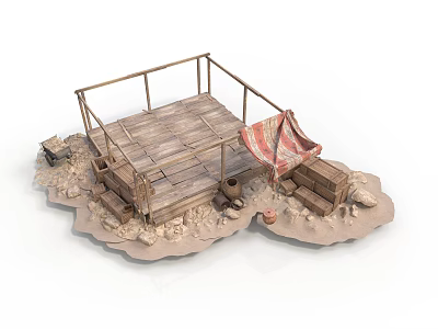 Wooden Platform With Canvas Awning Clay Pots And Crates On Stone Ground 3d model