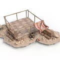 Wooden Platform With Canvas Awning Clay Pots And Crates On Stone Ground