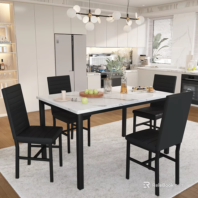 Modern Elegant Tableware Set With Marble Dining Table And Black Chairs In Kitchen Area 3d model 