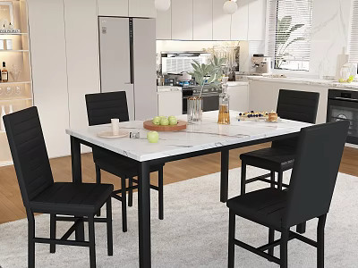 Modern Elegant Tableware Set With Marble Dining Table And Black Chairs In Kitchen Area 3d model