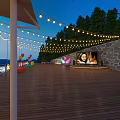 Garden Landscape With Wooden Deck White Canopies String Lights Loungers Greenery And Evening Mountain Views