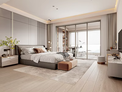 Modern Bedroom Interior Design With Bed Wooden Flooring Rug And Floor to Ceiling Windows 3d model