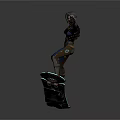 Game Movie Character With Short Hair Wearing Blue Orange Futuristic Mechanical Outfit On Hoverboard In Extended Arm Pose