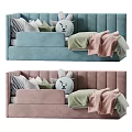 Cozy Kids Bed with Upholstered Headboard Star Rabbit Pillows and Blankets