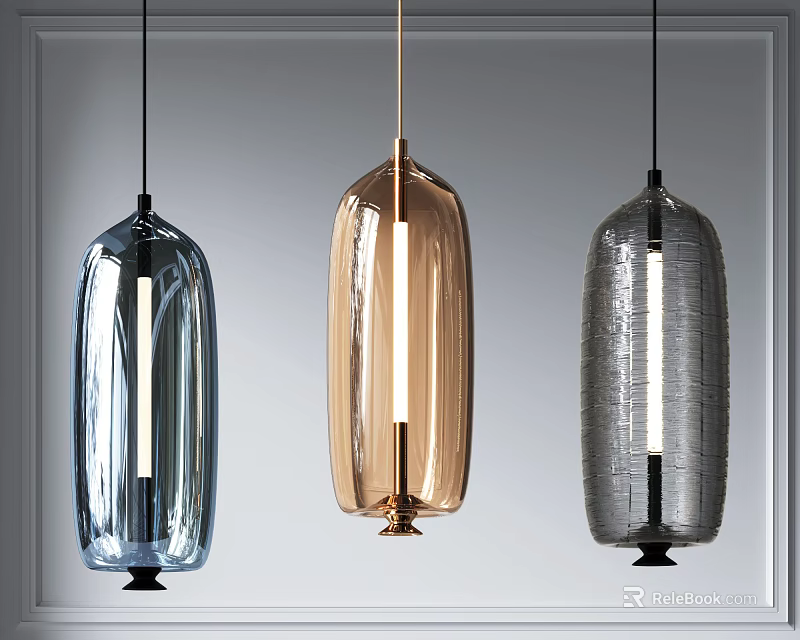 Modern Pendant Lights Blue Gold Grey Glass Long Cylinder Shape Hanging Decorative Design 3d model 