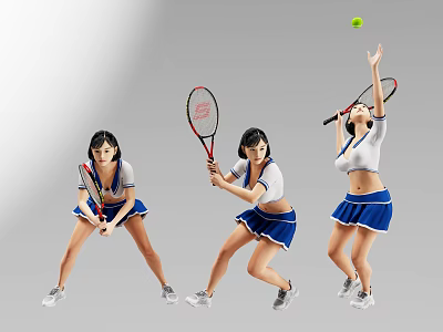Women In Blue And White Skirts Playing Tennis With Rackets And Green Ball 3d model