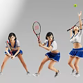 Women In Blue And White Skirts Playing Tennis With Rackets And Green Ball