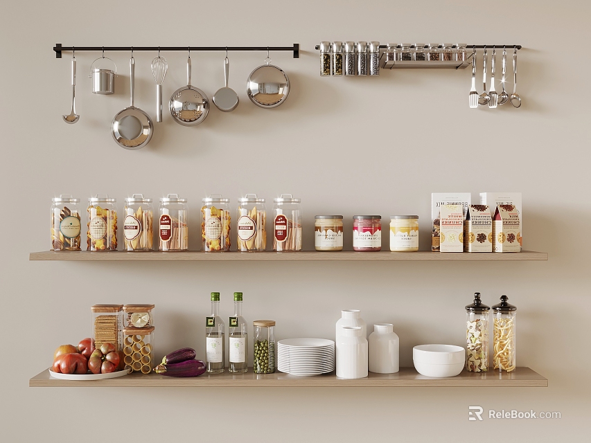 Organized Kitchen Utensils Hanging On Wall Rod With Shelves Jars Spice Bottles And Bowls 3d model 