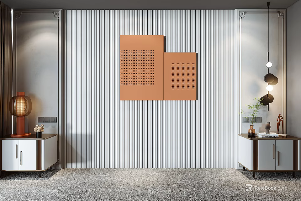 Gray Stripe Background Wall Featuring Orange Perforated Panels And White Cabinets Pendant Lights 3d model